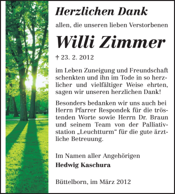 Traueranzeige von Willi Zimmer von Rüsselsheimer Echo, Groß-Gerauer-Echo, Ried Echo