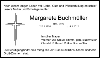 Traueranzeige von Margarete Buchmüller von Echo-Zeitungen (Gesamtausgabe)