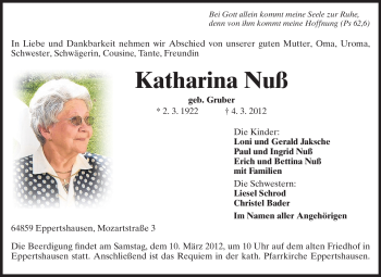 Traueranzeige von Katharina Nuß von Echo-Zeitungen (Gesamtausgabe)