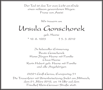 Traueranzeige von Ursula Gonschorek von Rüsselsheimer Echo, Groß-Gerauer-Echo, Ried Echo