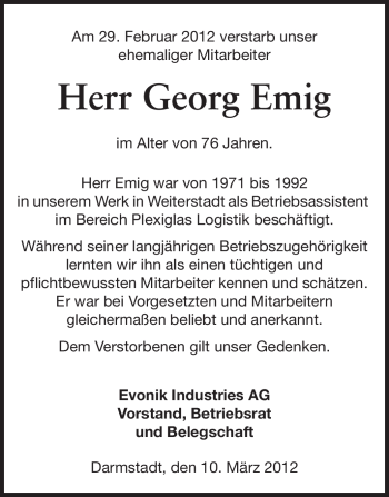Traueranzeige von Georg Emig von Echo-Zeitungen (Gesamtausgabe)