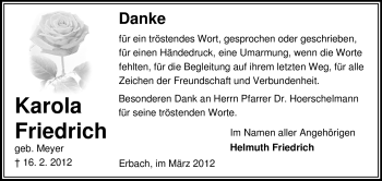 Traueranzeige von Karola Friedrich von Odenwälder Echo