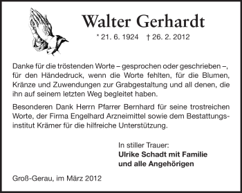 Traueranzeige von Walter Gerhardt von Rüsselsheimer Echo, Groß-Gerauer-Echo, Ried Echo