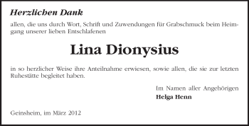 Traueranzeige von Lina Dionysius von Rüsselsheimer Echo, Groß-Gerauer-Echo, Ried Echo
