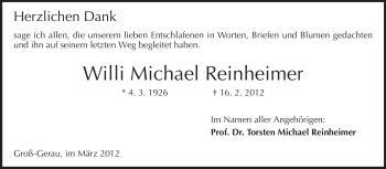 Traueranzeige von Willi Michael Reinheimer von Rüsselsheimer Echo, Groß-Gerauer-Echo, Ried Echo