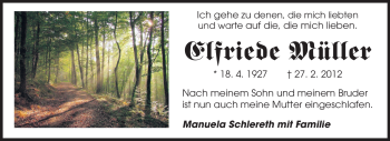 Traueranzeige von Elfriede Müller von Rüsselsheimer Echo, Groß-Gerauer-Echo, Ried Echo