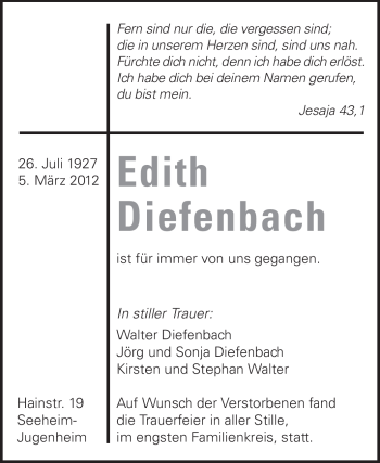Traueranzeige von Edith Diefenbach von Echo-Zeitungen (Gesamtausgabe)
