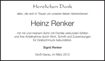 Traueranzeige von Heinz Renker von Rüsselsheimer Echo, Groß-Gerauer-Echo, Ried Echo