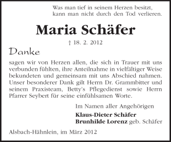 Traueranzeige von Maria Schäfer von Echo-Zeitungen (Gesamtausgabe)