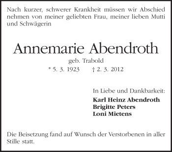 Traueranzeige von Annemarie Abendroth von Darmstädter Echo, Odenwälder Echo, Rüsselsheimer Echo, Groß-Gerauer-Echo, Ried Echo