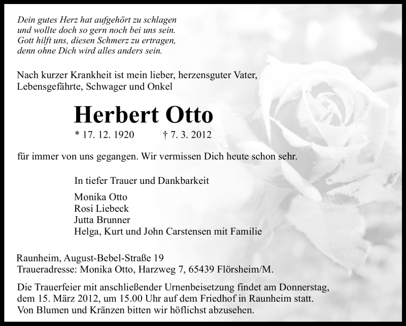  Traueranzeige für Herbert Otto vom 10.03.2012 aus Rüsselsheimer Echo, Groß-Gerauer-Echo, Ried Echo