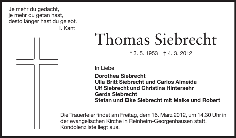  Traueranzeige für Thomas Siebrecht vom 10.03.2012 aus Echo-Zeitungen (Gesamtausgabe)