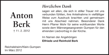 Traueranzeige von Anton Berk von Odenwälder Echo