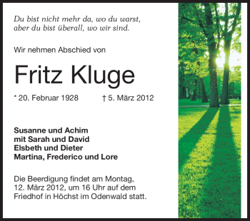Traueranzeige von Fritz Kluge von Odenwälder Echo