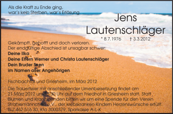Traueranzeige von Jens Lautenschläger von Echo-Zeitungen (Gesamtausgabe)