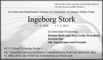 Traueranzeige von Ingeborg Stork von Odenwälder Echo