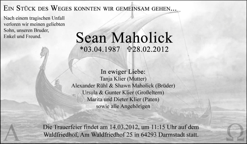  Traueranzeige für Sean Maholick vom 10.03.2012 aus Echo-Zeitungen (Gesamtausgabe)