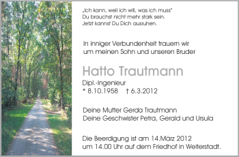 Traueranzeige von Hatto Trautmann von Echo-Zeitungen (Gesamtausgabe)