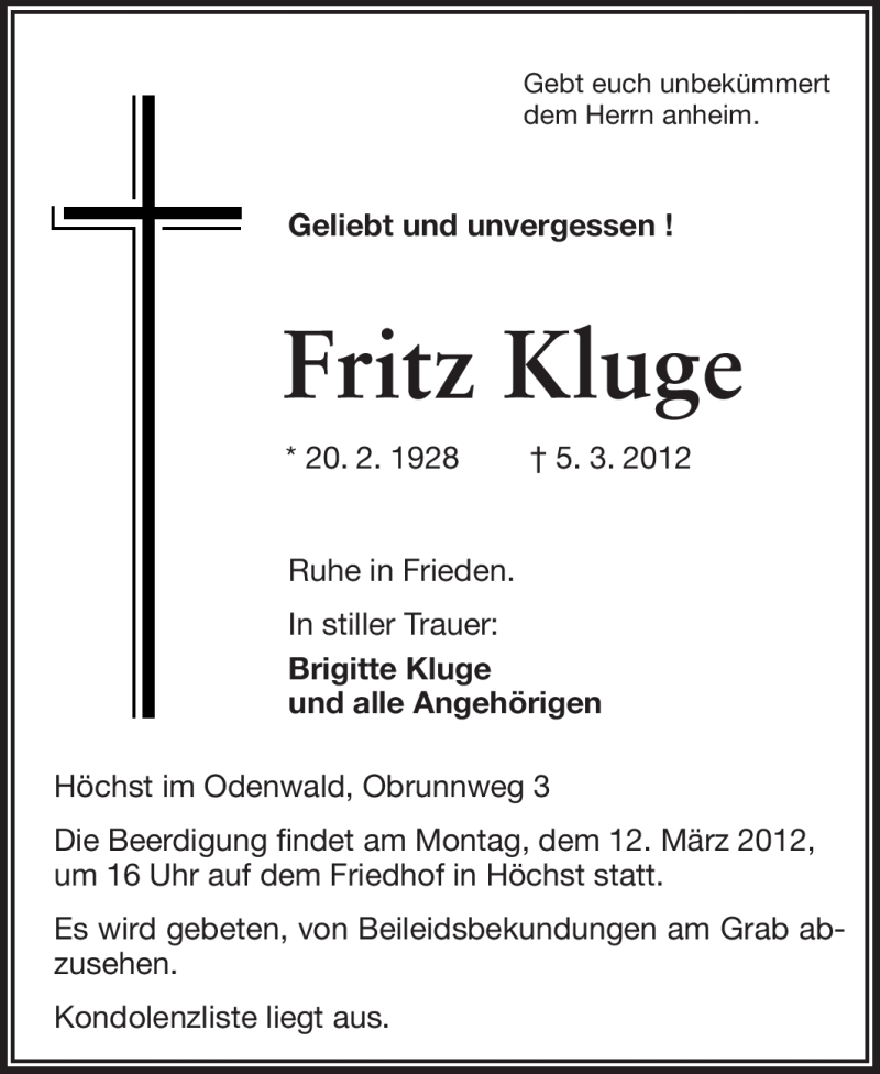  Traueranzeige für Fritz Kluge vom 10.03.2012 aus Echo-Zeitungen (Gesamtausgabe)
