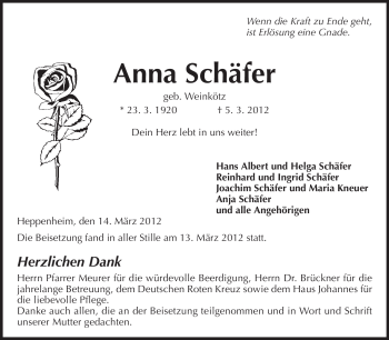 Traueranzeige von Anna Schäfer von Starkenburger Echo