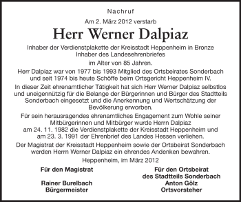 Traueranzeige von Werner Dalpiaz von Starkenburger Echo