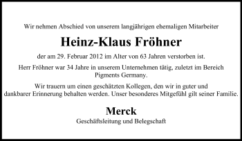 Traueranzeige von Heinz-Klaus Fröhner von Echo-Zeitungen (Gesamtausgabe)