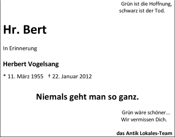 Traueranzeige von Herbert Vogelsang von Echo-Zeitungen (Gesamtausgabe)