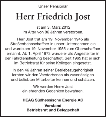 Traueranzeige von Friedrich Jost von Echo-Zeitungen (Gesamtausgabe)