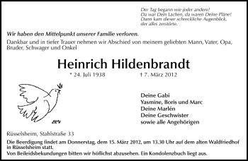 Traueranzeige von Heinrich Hildebrandt von Rüsselsheimer Echo, Groß-Gerauer-Echo, Ried Echo