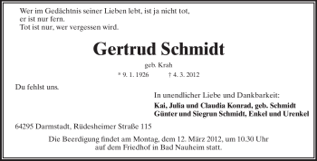 Traueranzeige von Gertrud Schmidt von Echo-Zeitungen (Gesamtausgabe)