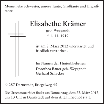 Traueranzeige von Elisabethe Krämer von Darmstädter Echo, Odenwälder Echo, Rüsselsheimer Echo, Groß-Gerauer-Echo, Ried Echo