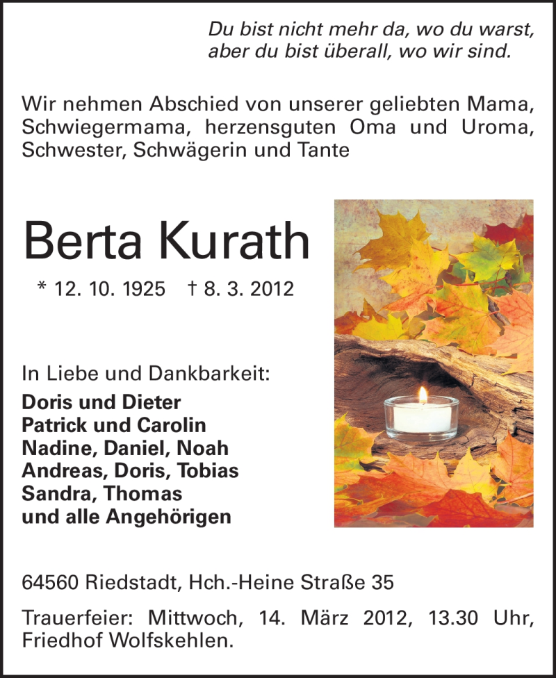 Traueranzeige für Berta Kurath vom 12.03.2012 aus Rüsselsheimer Echo, Groß-Gerauer-Echo, Ried Echo