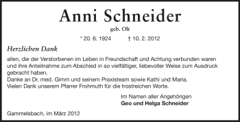Traueranzeige von Anni Schneider von Odenwälder Echo
