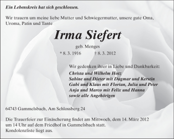 Traueranzeige von Irma Siefert von Odenwälder Echo