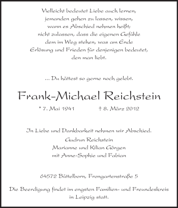 Traueranzeige von Frank-Michael Reichstein von Rüsselsheimer Echo, Groß-Gerauer-Echo, Ried Echo