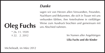 Traueranzeige von Oleg Fuchs von Odenwälder Echo