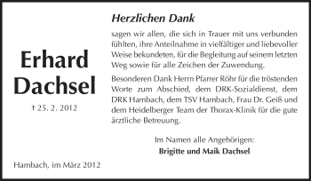 Traueranzeige von Erhard Dachsel von Starkenburger Echo, Bergsträßer Anzeiger