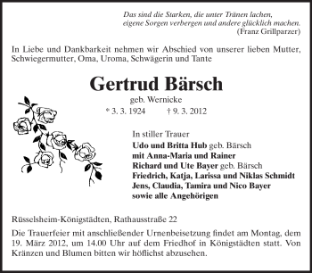Traueranzeige von Gertrud Bärsch von Rüsselsheimer Echo, Groß-Gerauer-Echo, Ried Echo
