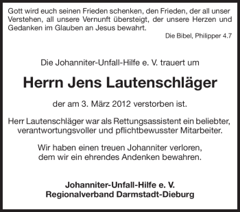 Traueranzeige von Jens Lautenschläger von Echo-Zeitungen (Gesamtausgabe)