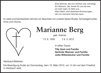 Traueranzeige von Marianne Berg  von Odenwälder Echo