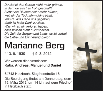 Traueranzeige von Marianne Berg von Odenwälder Echo