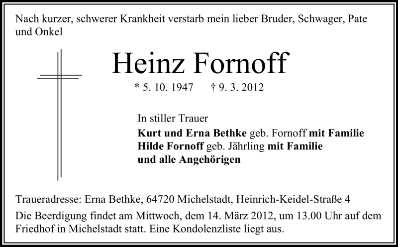  Traueranzeige für Heinz Fornoff vom 13.03.2012 aus Odenwälder Echo
