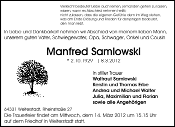 Traueranzeige von Manfred Samlowski von Echo-Zeitungen (Gesamtausgabe)