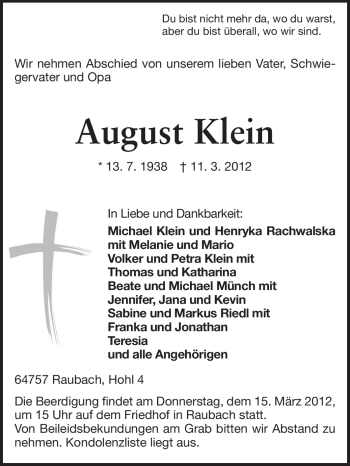 Traueranzeige von August Klein von Odenwälder Echo