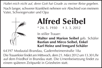 Traueranzeige von Alfred Seibel von Darmstädter Echo, Odenwälder Echo, Rüsselsheimer Echo, Groß-Gerauer-Echo, Ried Echo