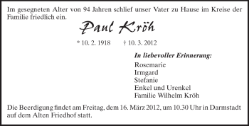 Traueranzeige von Paul Kröh von Echo-Zeitungen (Gesamtausgabe)