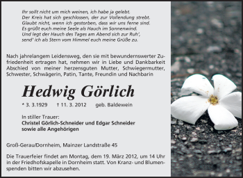 Traueranzeige von Hedwig Görlich von Rüsselsheimer Echo, Groß-Gerauer-Echo, Ried Echo