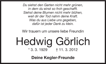 Traueranzeige von Hedwig Görlich von Rüsselsheimer Echo, Groß-Gerauer-Echo, Ried Echo