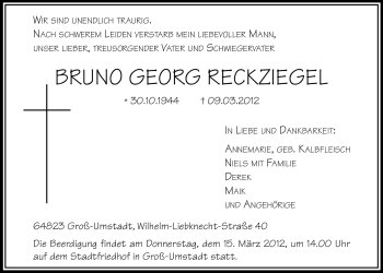 Traueranzeige von Bruno Georg Reckziegel von Echo-Zeitungen (Gesamtausgabe)