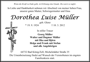 Traueranzeige von Dorothea Luise Müller von Odenwälder Echo